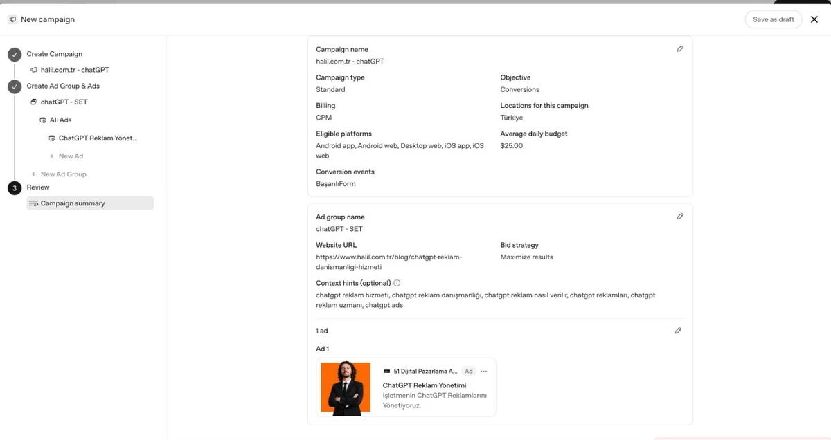 ChatGPT Ads Manager kampanya özeti ekranı — kampanya tipi, dönüşüm hedefi, CPM faturalama, Türkiye konum hedeflemesi, günlük bütçe ve reklam önizlemesi